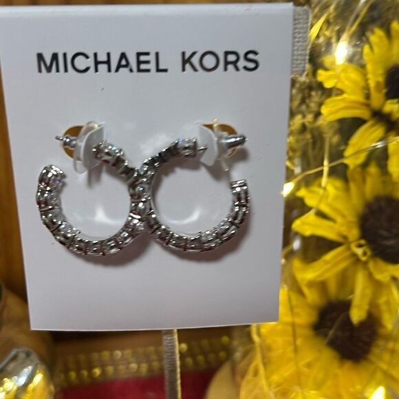 NWT Michael Kors Silver Hoop With Crystal Stations Earrings #TSER - Picture 2 of 8